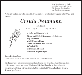 Traueranzeige von Ursula Neumann von Schlei-Bote