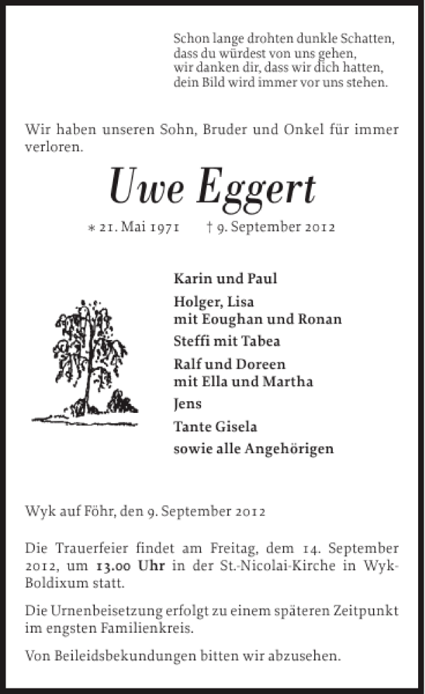 Traueranzeige für Uwe Eggert vom 12.09.2012 aus Der Insel-Bote