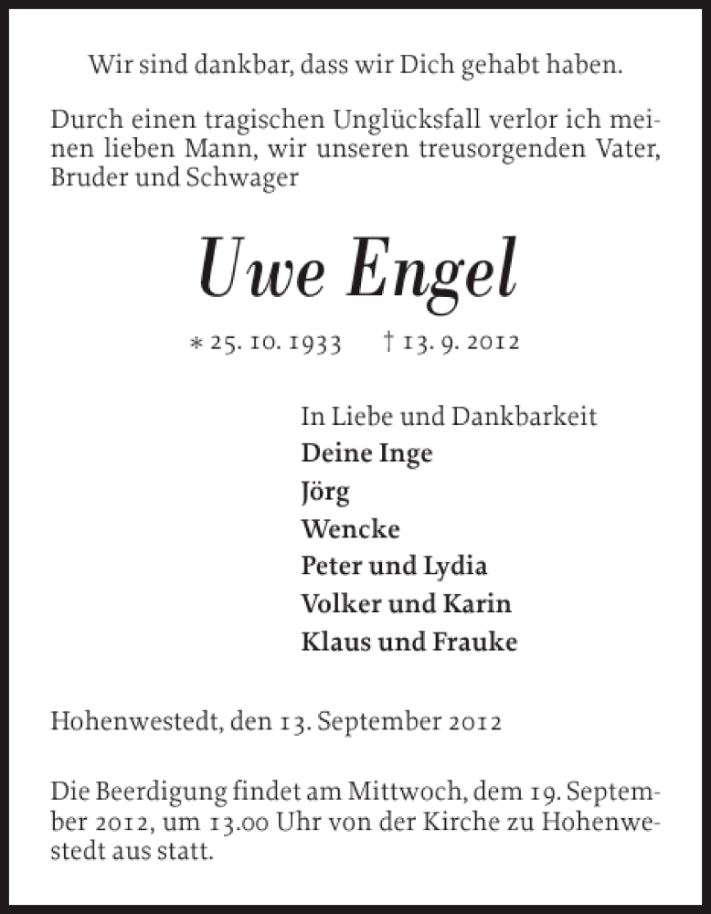  Traueranzeige für Uwe Engel vom 15.09.2012 aus Landeszeitung