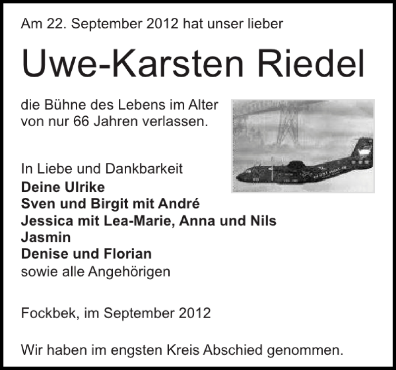  Traueranzeige für Uwe-Karsten Riedel vom 26.09.2012 aus Landeszeitung