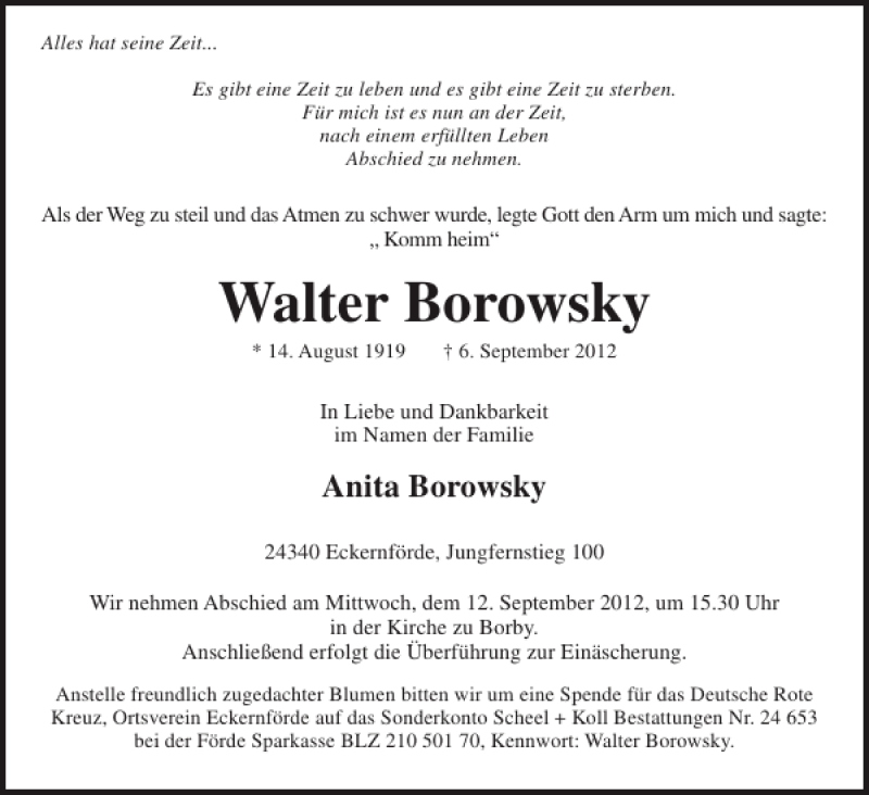  Traueranzeige für Walter Borowsky vom 10.09.2012 aus Eckernförder Zeitung