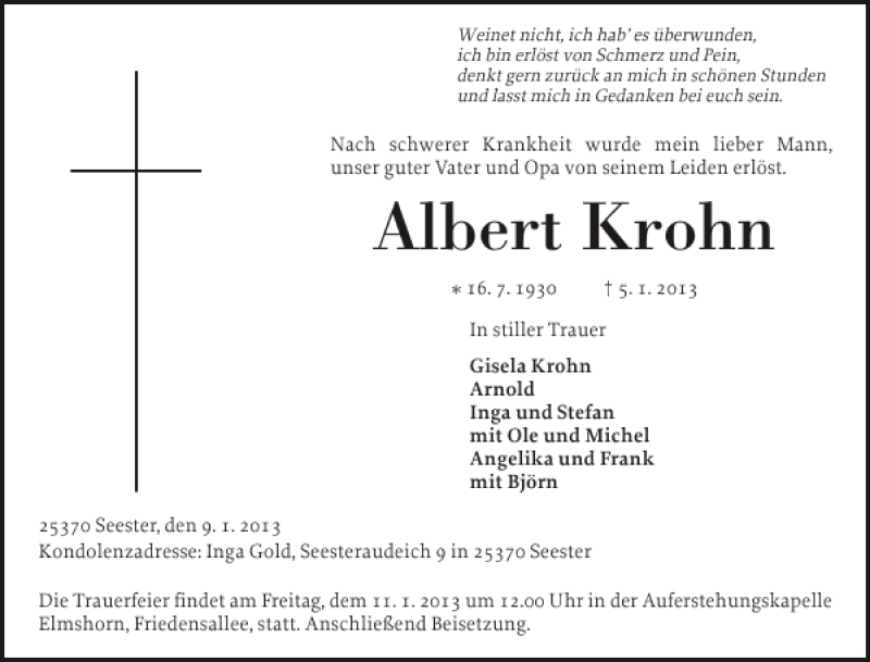  Traueranzeige für Albert Krohn vom 09.01.2013 aus Elmshorner Nachrichten