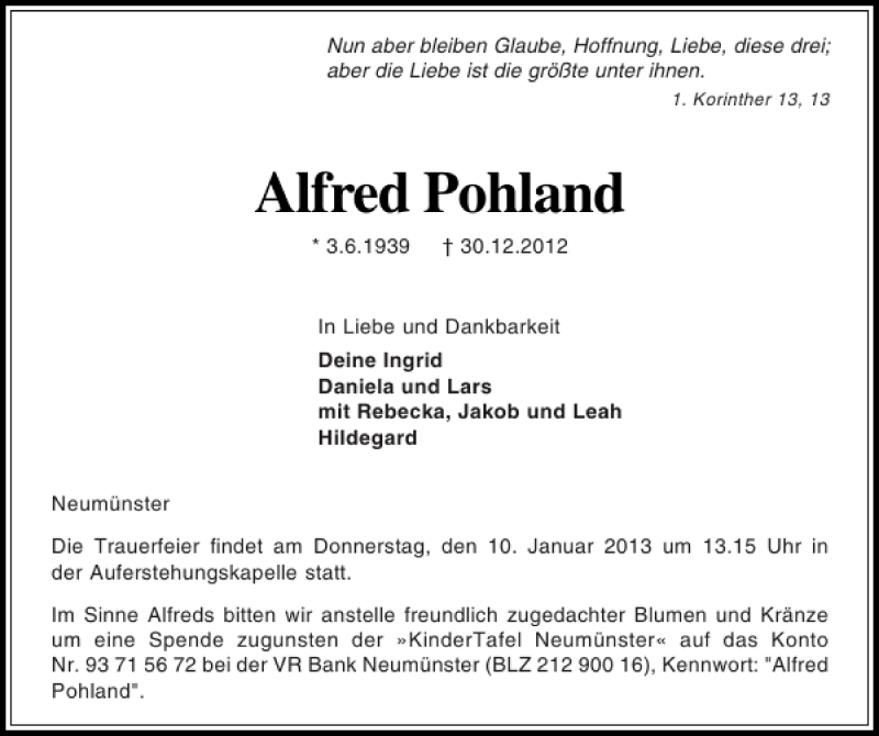  Traueranzeige für Alfred Pohland vom 05.01.2013 aus Holsteinischer Courier