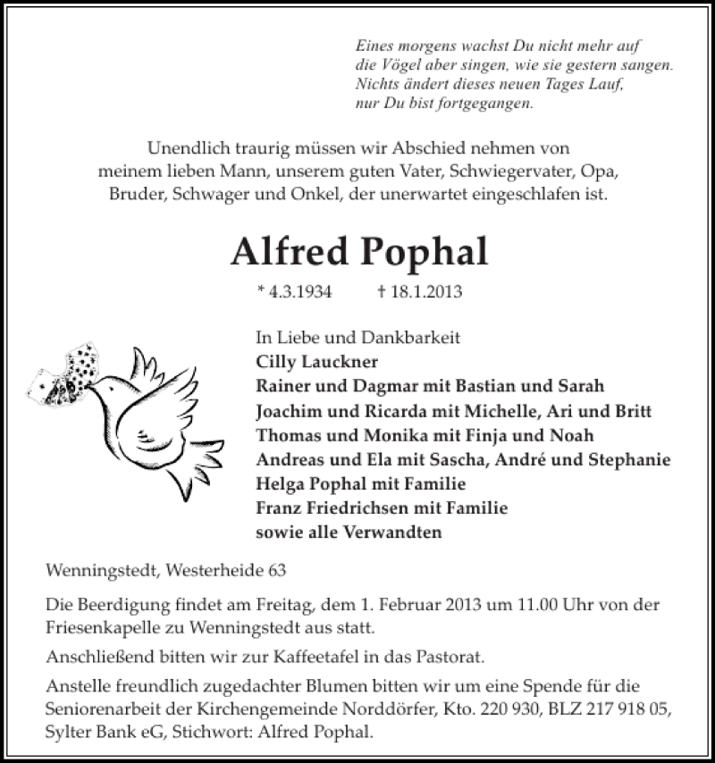  Traueranzeige für Alfred Pophal vom 28.01.2013 aus Sylter Rundschau