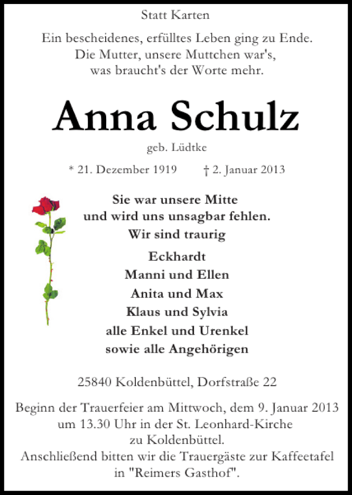  Traueranzeige für Anna Schulz vom 05.01.2013 aus Husumer Nachrichten