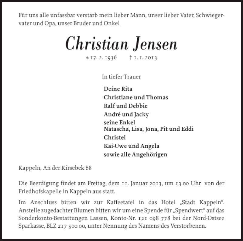  Traueranzeige für Christian Jensen vom 07.01.2013 aus Flensburger Tageblatt