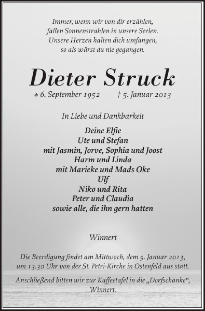  Traueranzeige für Dieter Struck vom 07.01.2013 aus Husumer Nachrichten