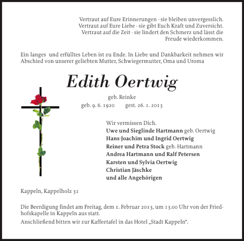  Traueranzeige für Edith Oertwig vom 30.01.2013 aus Schlei-Bote