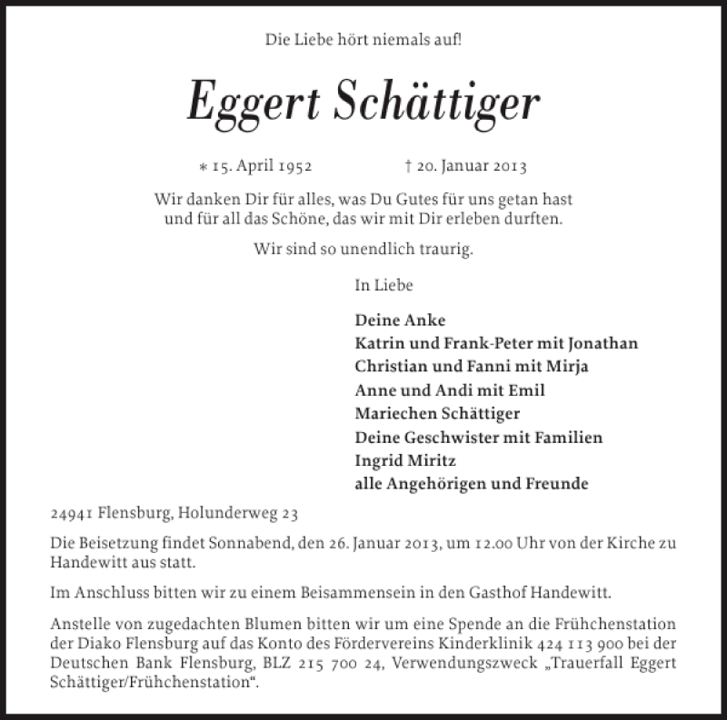  Traueranzeige für Eggert Schättiger vom 23.01.2013 aus Flensburger Tageblatt