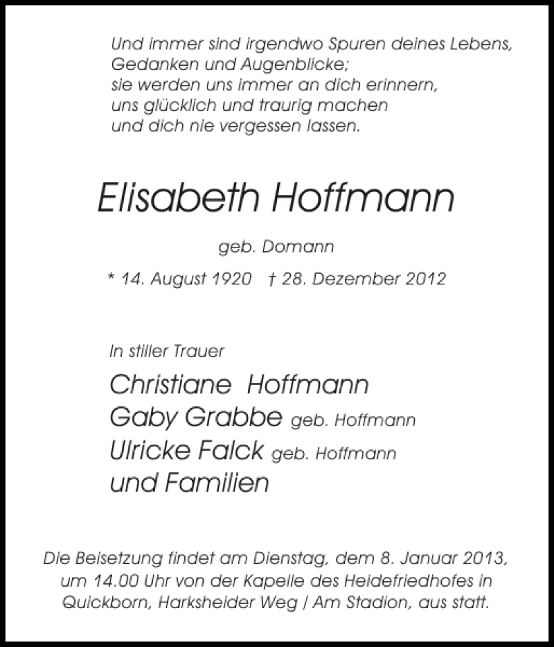  Traueranzeige für Elisabeth Hoffmann vom 05.01.2013 aus Pinneberger Tageblatt