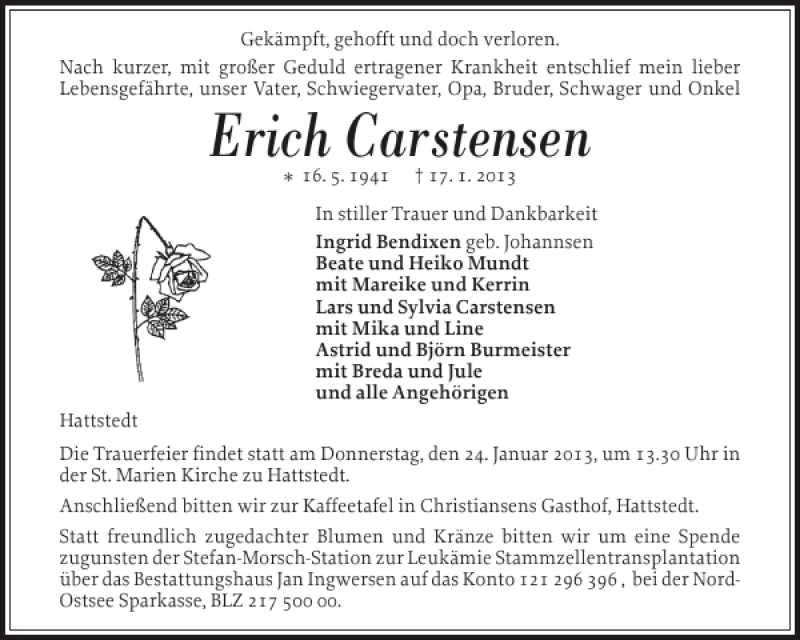  Traueranzeige für Erich Carstensen vom 19.01.2013 aus Husumer Nachrichten