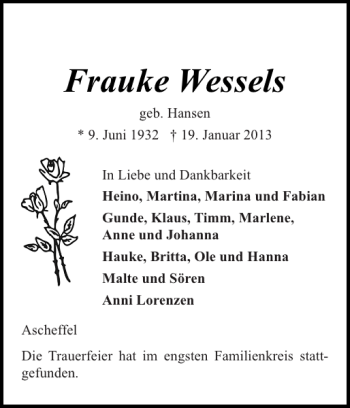 Traueranzeige von Frauke Wessels von Landeszeitung