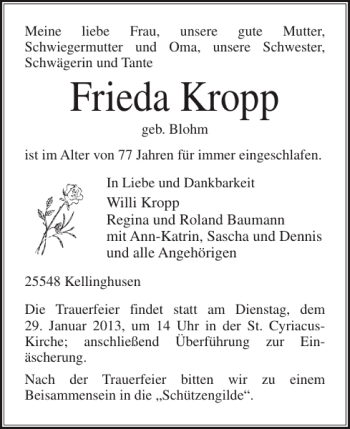 Traueranzeige von Frieda Kropp von Norddeutsche Rundschau