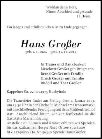 Traueranzeige von Hans Großer von Flensburger Tageblatt