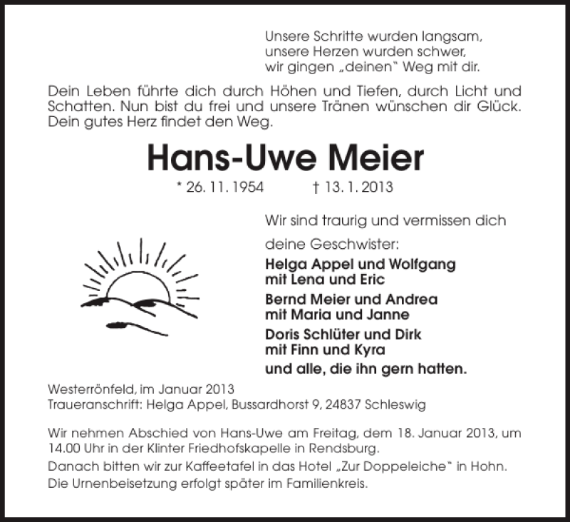  Traueranzeige für Hans-Uwe Meier vom 16.01.2013 aus Landeszeitung