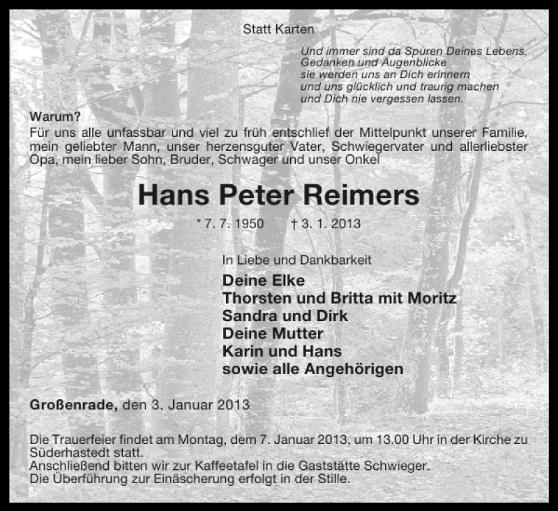  Traueranzeige für Hans Peter Reimers vom 05.01.2013 aus Norddeutsche Rundschau
