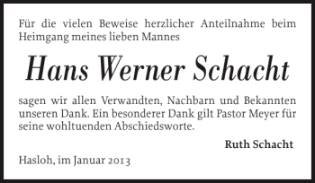 Traueranzeige von Hans Werner Schacht von Pinneberger Tageblatt