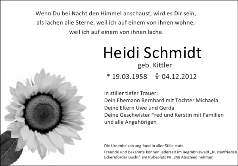  Traueranzeige für Heidi Schmidt vom 12.01.2013 aus Pinneberger Tageblatt