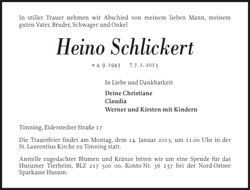  Traueranzeige für Heino Schlickert vom 10.01.2013 aus Husumer Nachrichten