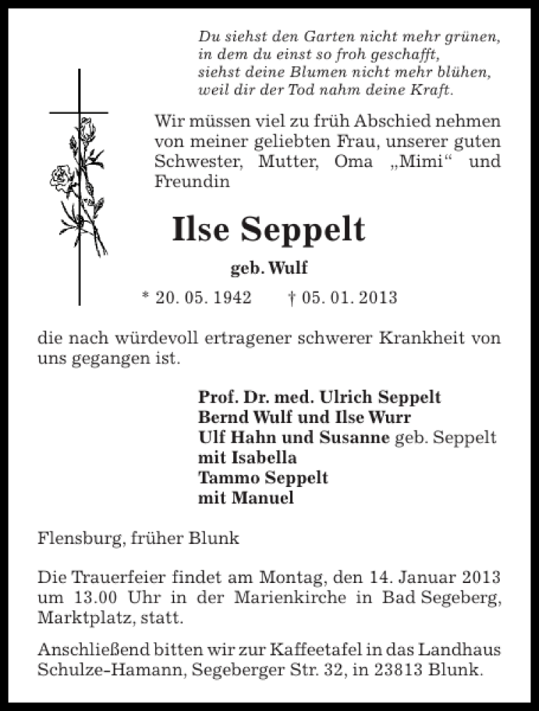  Traueranzeige für Ilse Seppelt vom 09.01.2013 aus Flensburger Tageblatt