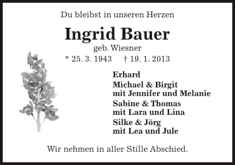  Traueranzeige für Ingrid Bauer vom 26.01.2013 aus Pinneberger Tageblatt