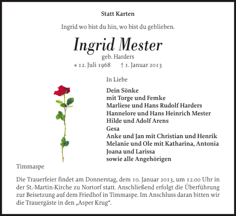  Traueranzeige für Ingrid Mester vom 04.01.2013 aus Landeszeitung