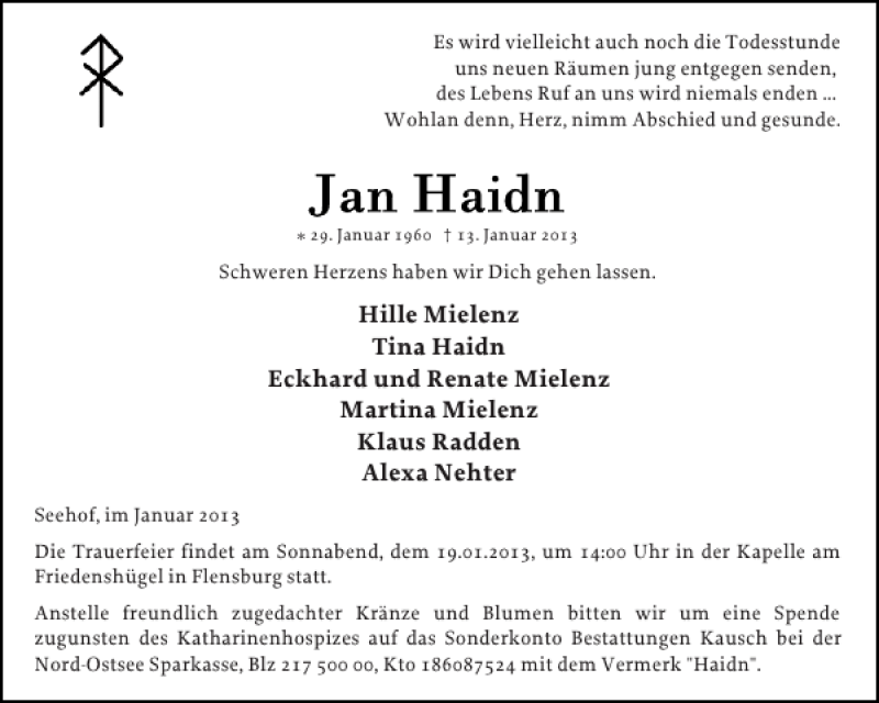  Traueranzeige für Jan Haidn vom 17.01.2013 aus Flensburger Tageblatt