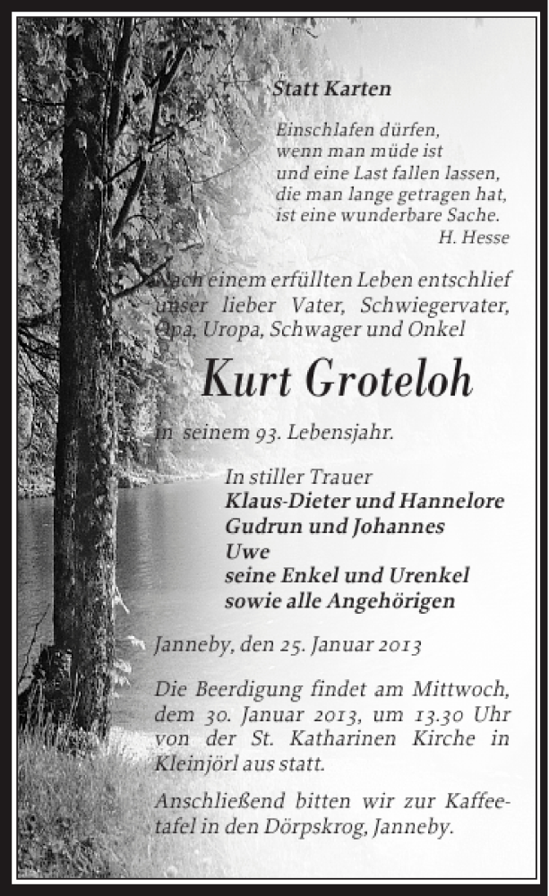  Traueranzeige für Johannes Brandt vom 28.01.2013 aus Flensburger Tageblatt