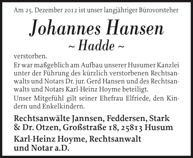  Traueranzeige für Johannes Hansen vom 07.01.2013 aus Husumer Nachrichten