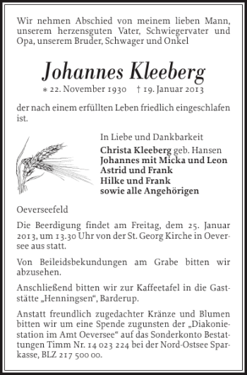 Traueranzeige von Johannes Kleeberg von Flensburger Tageblatt