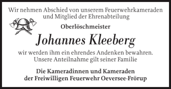 Traueranzeige von Johannes Kleeberg von Flensburger Tageblatt