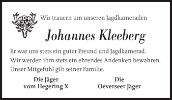 Traueranzeige von Johannes Kleeberg von Flensburger Tageblatt