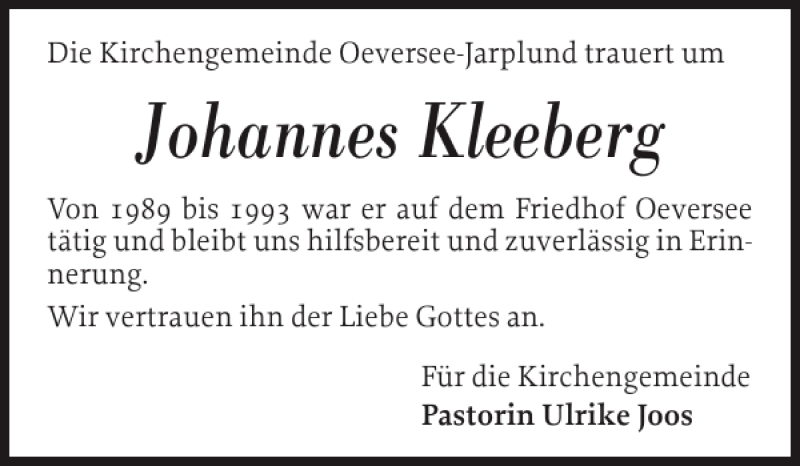  Traueranzeige für Johannes Kleeberg vom 24.01.2013 aus Flensburger Tageblatt