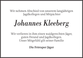 Traueranzeige von Johannes Kleeberg von Flensburger Tageblatt