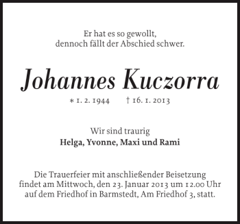 Traueranzeige von Johannes Kuczorra von Elmshorner Nachrichten