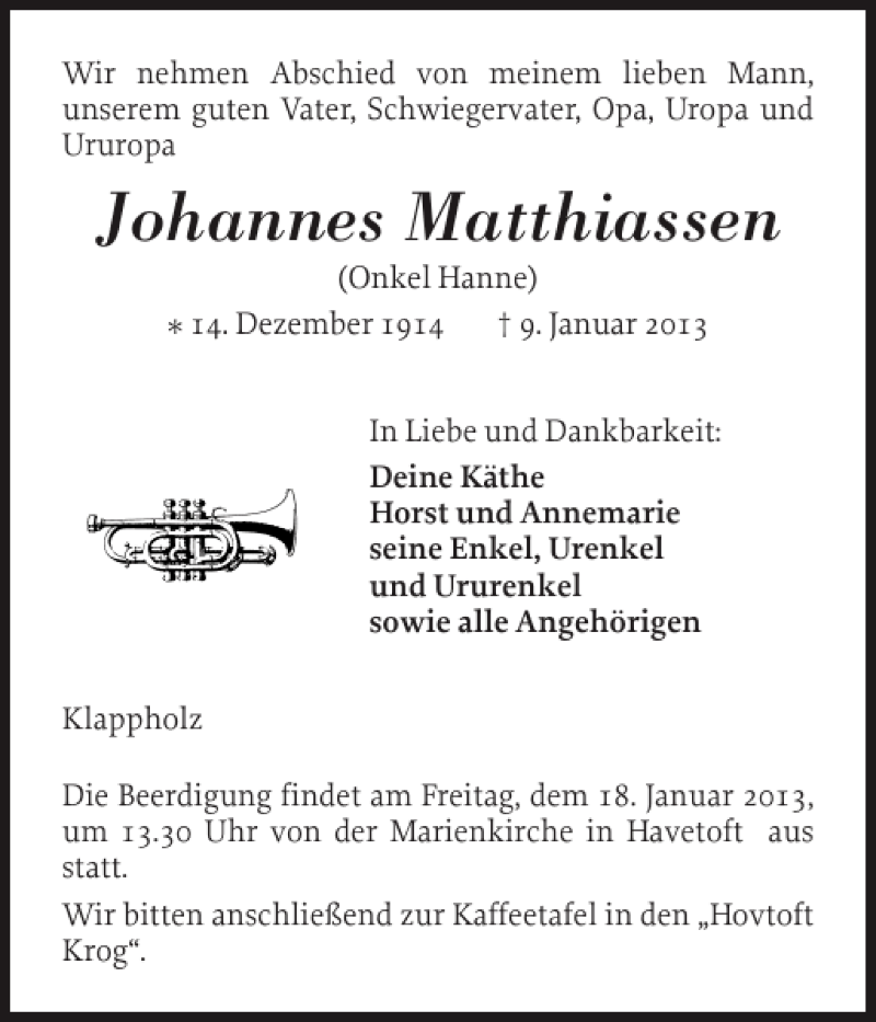  Traueranzeige für Johannes Matthiassen vom 14.01.2013 aus Flensburger Tageblatt