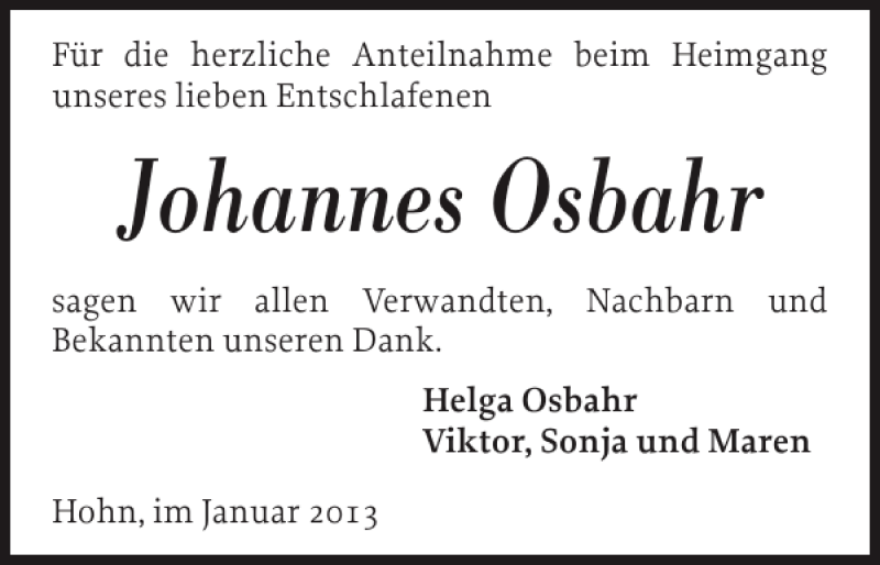  Traueranzeige für Johannes Osbahr vom 26.01.2013 aus Landeszeitung