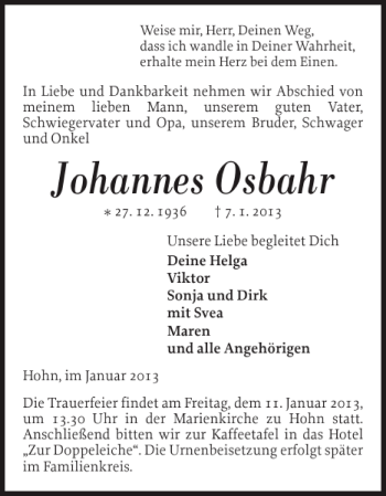 Traueranzeige von Johannes Osbahr von Landeszeitung