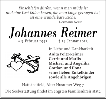 Traueranzeige von Johannes Reimer von Husumer Nachrichten
