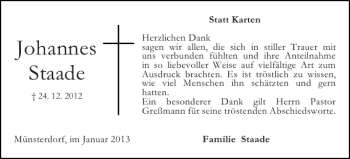Traueranzeige von Johannes Staade von Norddeutsche Rundschau