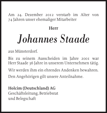 Traueranzeige von Johannes Staade von Norddeutsche Rundschau