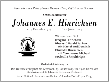 Traueranzeige von Johannes E. Hinrichsen von Husumer Nachrichten
