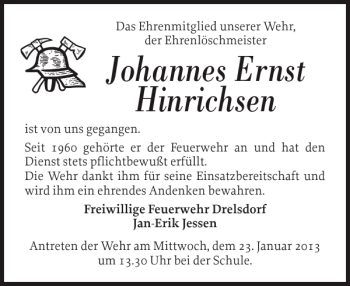 Traueranzeige von Johannes Ernst Hinrichsen von Husumer Nachrichten