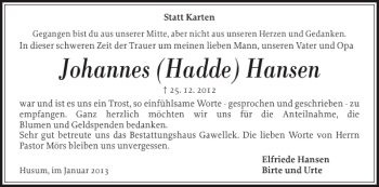 Traueranzeige von Johannes Hadde Hansen von Husumer Nachrichten