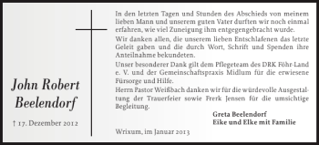 Traueranzeige von John Robert Beelendorf von Der Insel-Bote