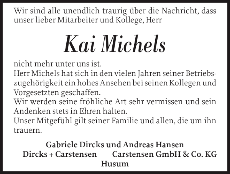  Traueranzeige für Kai Michels vom 03.01.2013 aus Husumer Nachrichten