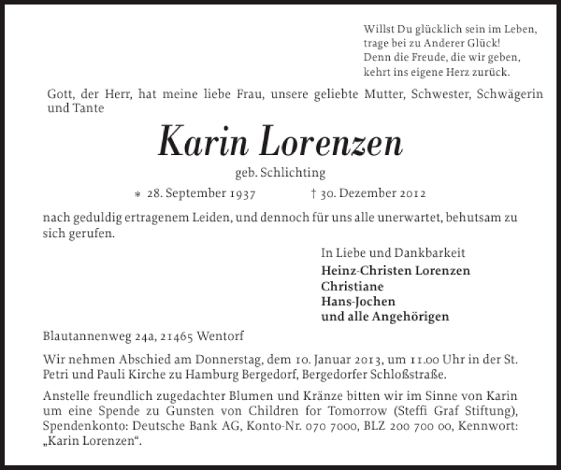  Traueranzeige für Karin Lorenzen vom 05.01.2013 aus Flensburger Tageblatt