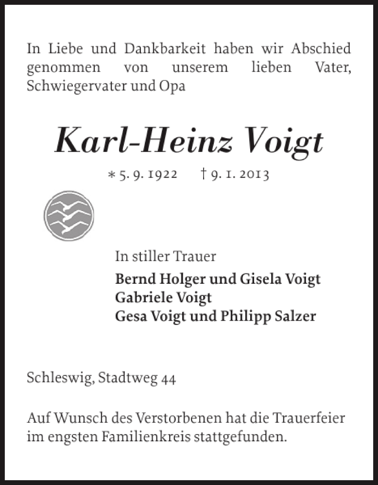  Traueranzeige für Karl-Heinz Voigt vom 19.01.2013 aus Schleswiger Nachrichten