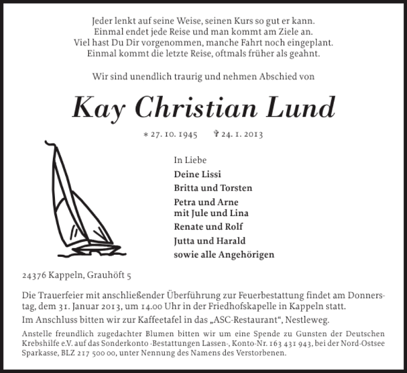  Traueranzeige für Kay Christian Lund vom 28.01.2013 aus Schlei-Bote