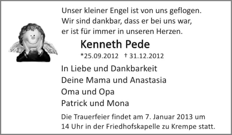  Traueranzeige für Kenneth Pede vom 05.01.2013 aus Norddeutsche Rundschau